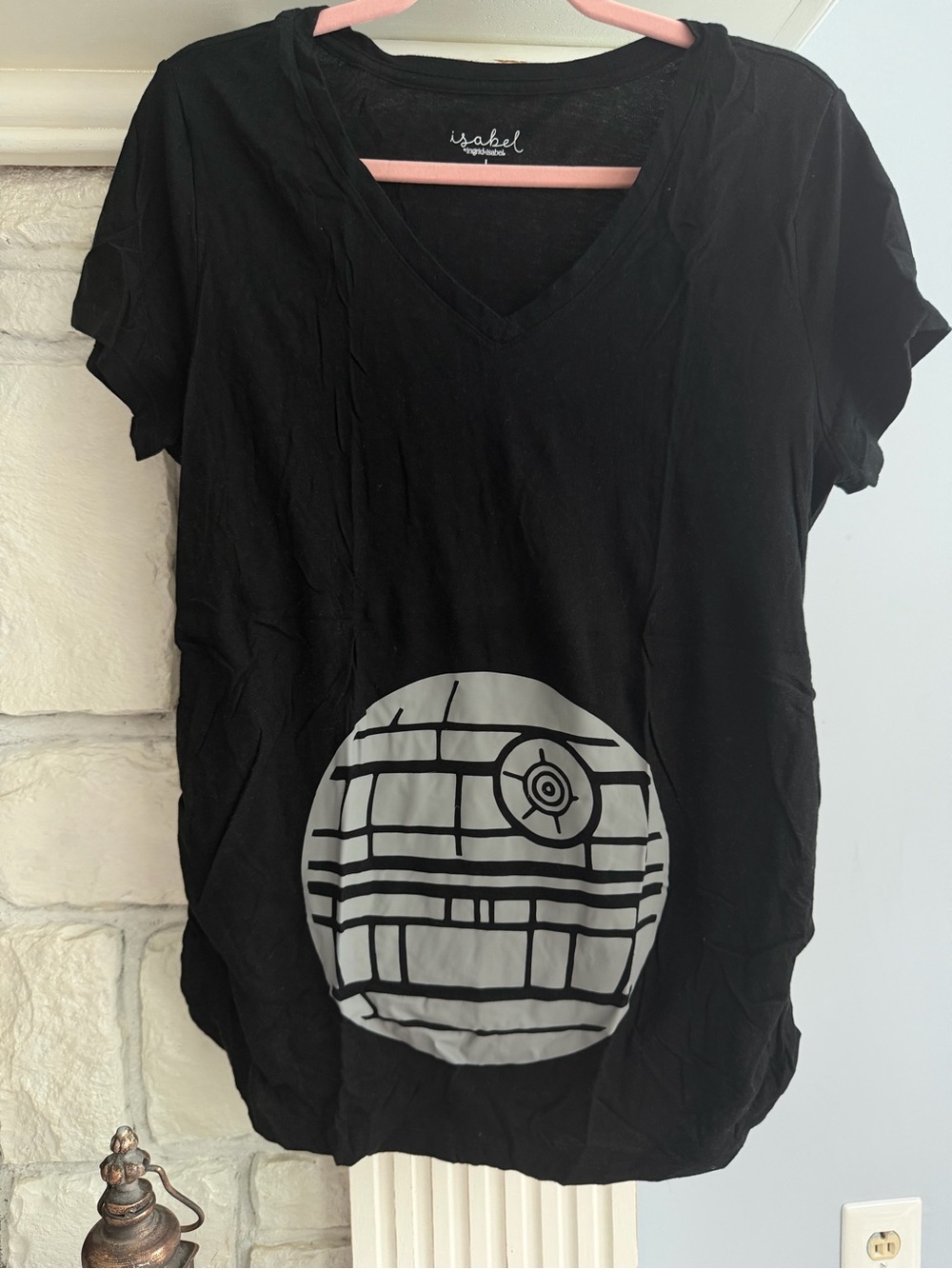Custom Vinyl Isabel Maternity Black V-Neck Death Star Tee